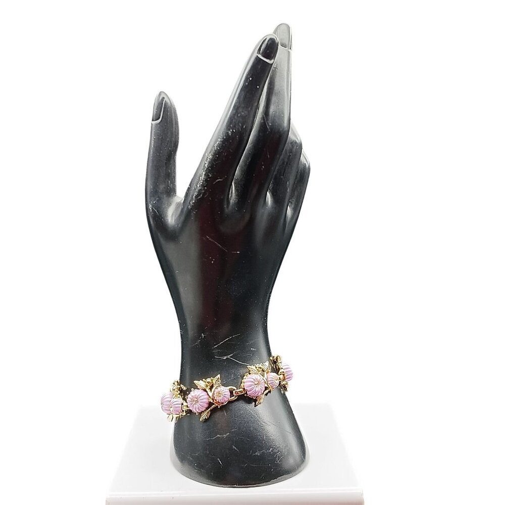 Vintage Gold-Tone Bracelet with Pink Lucite Pumpkin Charms & Floral Crystal